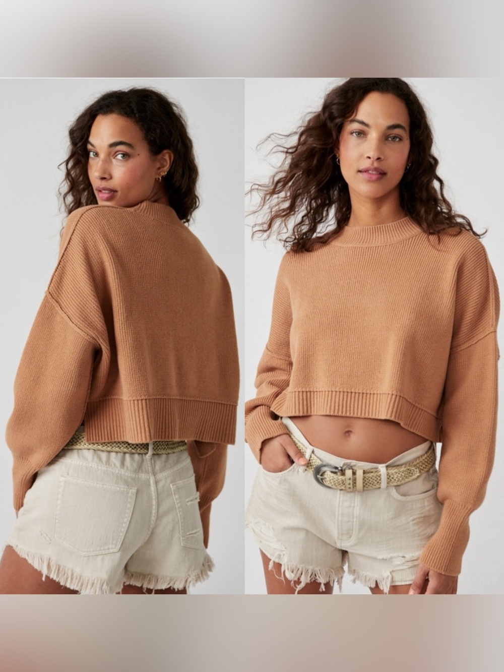 NWT Free People Cropped Ribbed Knit Sweater - Caramel Brown